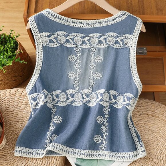 Embroidered Button Up V-Neck Vest Coat - Picture 2 of 6